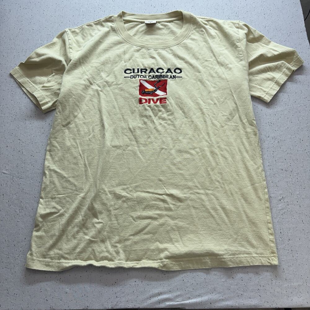 Vintage Curacao Dutch Caribbean Dive T Shirt Size XL Pale Yellow Scuba Souvenir